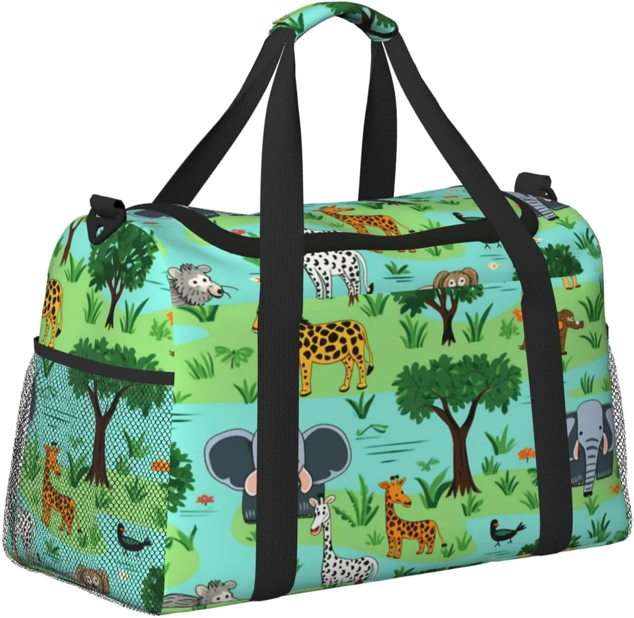 Travel Duffel Bag For Men Women, Cartoon African Animal Giraffe Elephant Lion Carry On Sport Gym Bag With Shoulder Strap Lightweight Waterproof Weekender Bag Overnight Bag