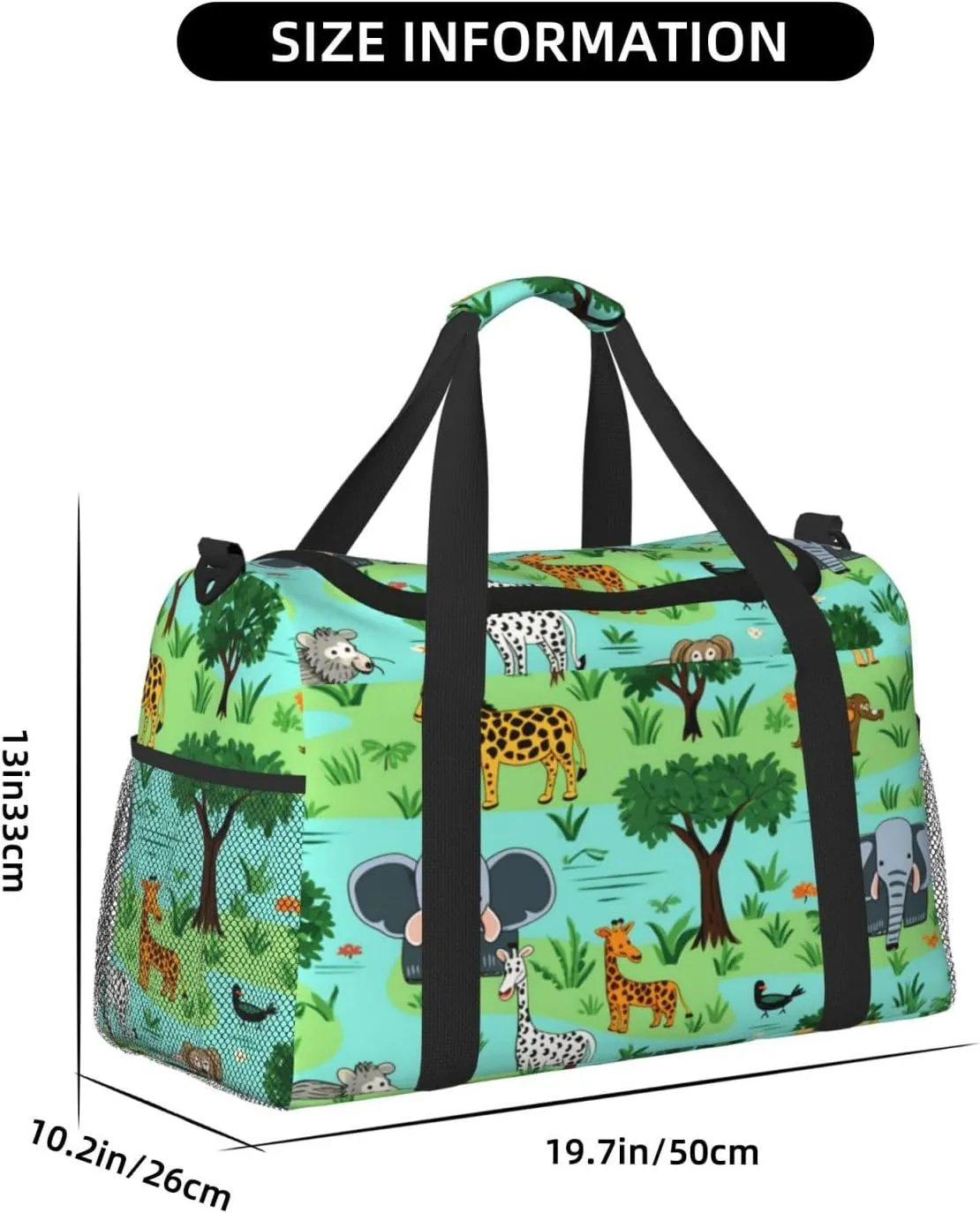 Travel Duffel Bag For Men Women, Cartoon African Animal Giraffe Elephant Lion Carry On Sport Gym Bag With Shoulder Strap Lightweight Waterproof Weekender Bag Overnight Bag