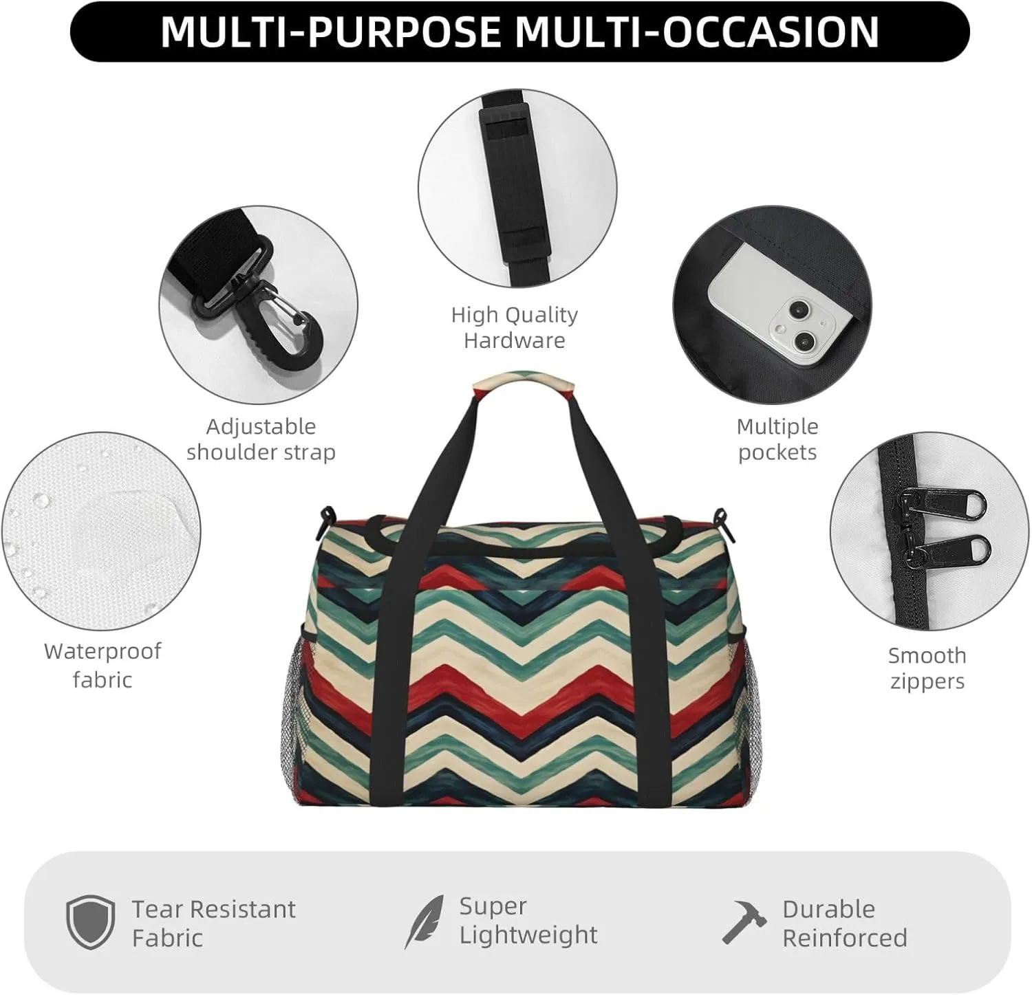 Travel Duffel Bag For Men Women, Colorful Zigzag Stripe Carry On Sport Gym Bag With Shoulder Strap Lightweight Waterproof Weekender Bag Overnight Bag
