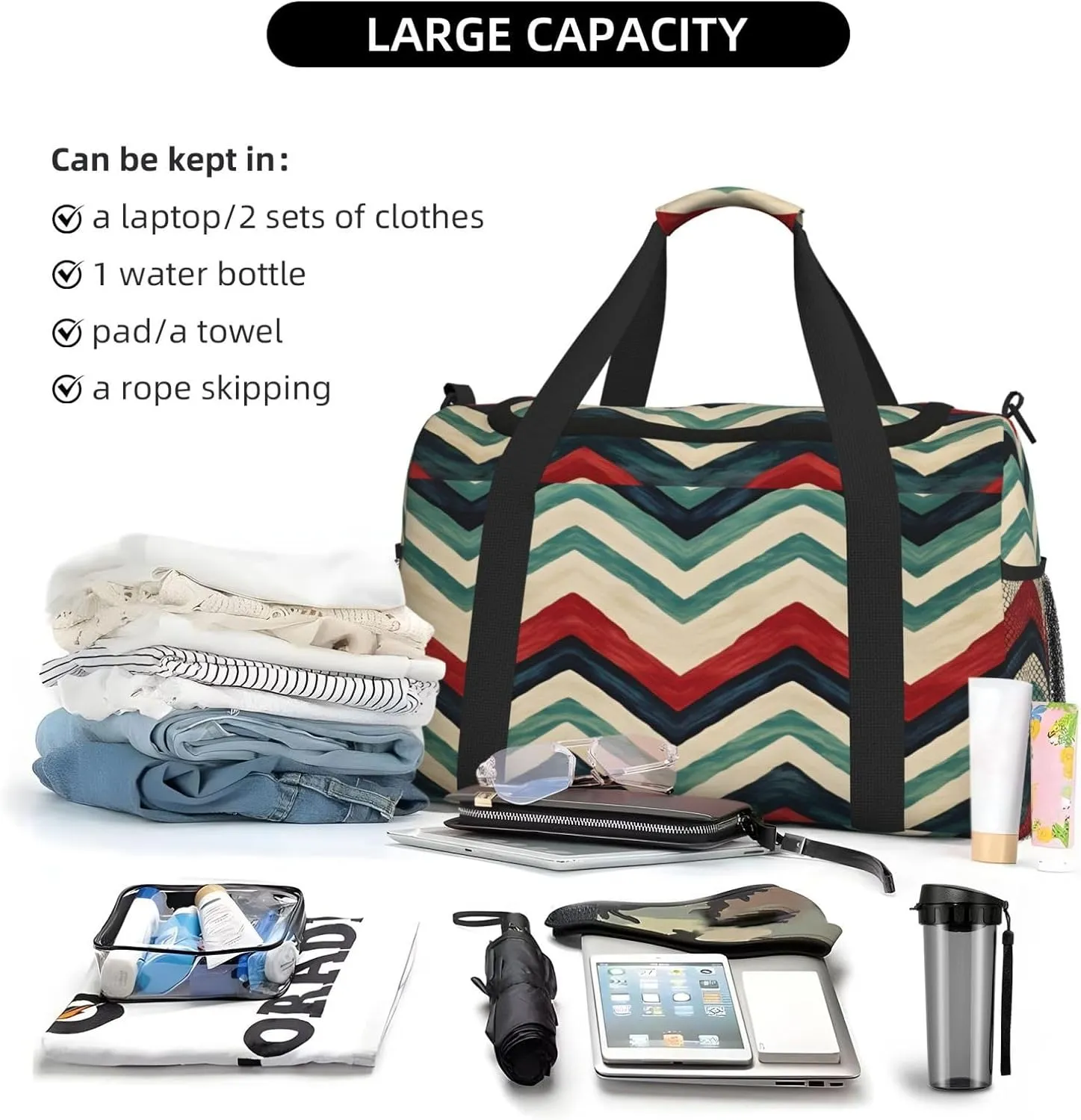 Travel Duffel Bag For Men Women, Colorful Zigzag Stripe Carry On Sport Gym Bag With Shoulder Strap Lightweight Waterproof Weekender Bag Overnight Bag