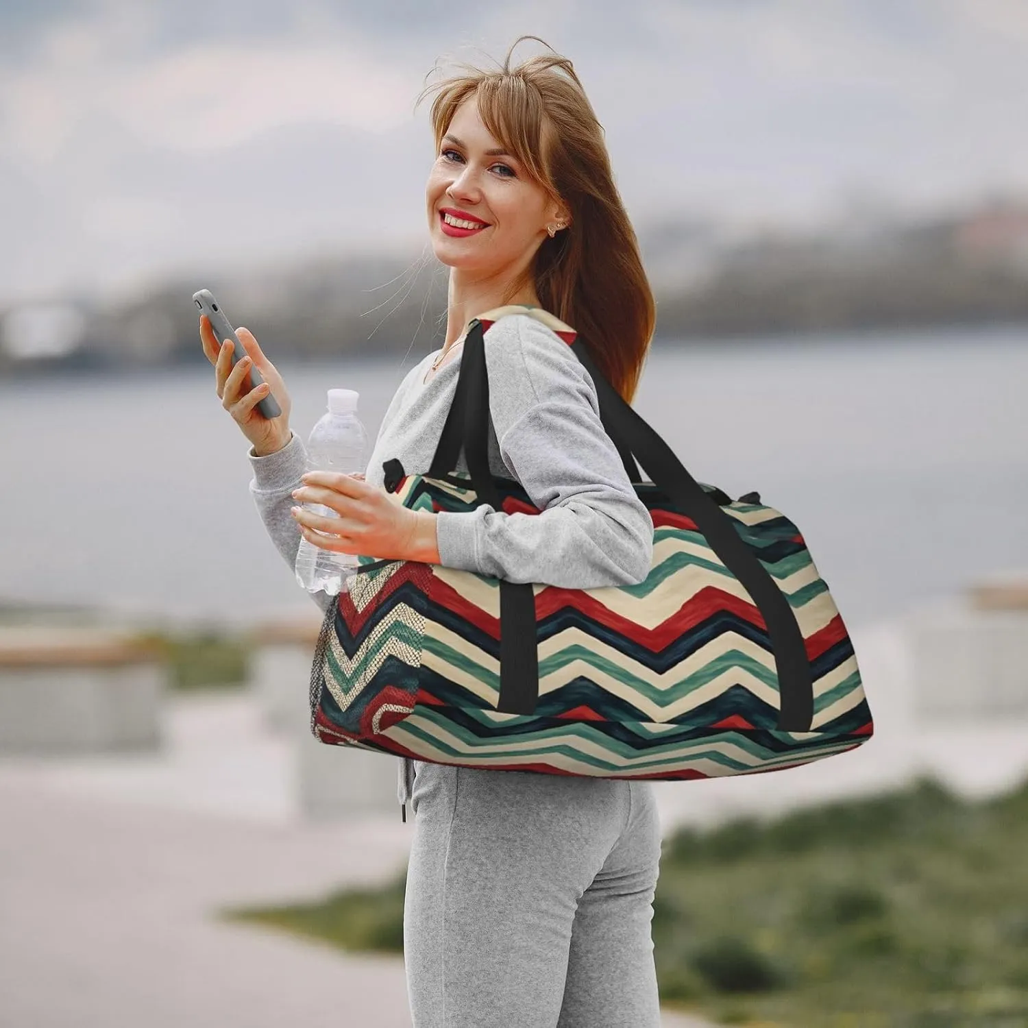 Travel Duffel Bag For Men Women, Colorful Zigzag Stripe Carry On Sport Gym Bag With Shoulder Strap Lightweight Waterproof Weekender Bag Overnight Bag