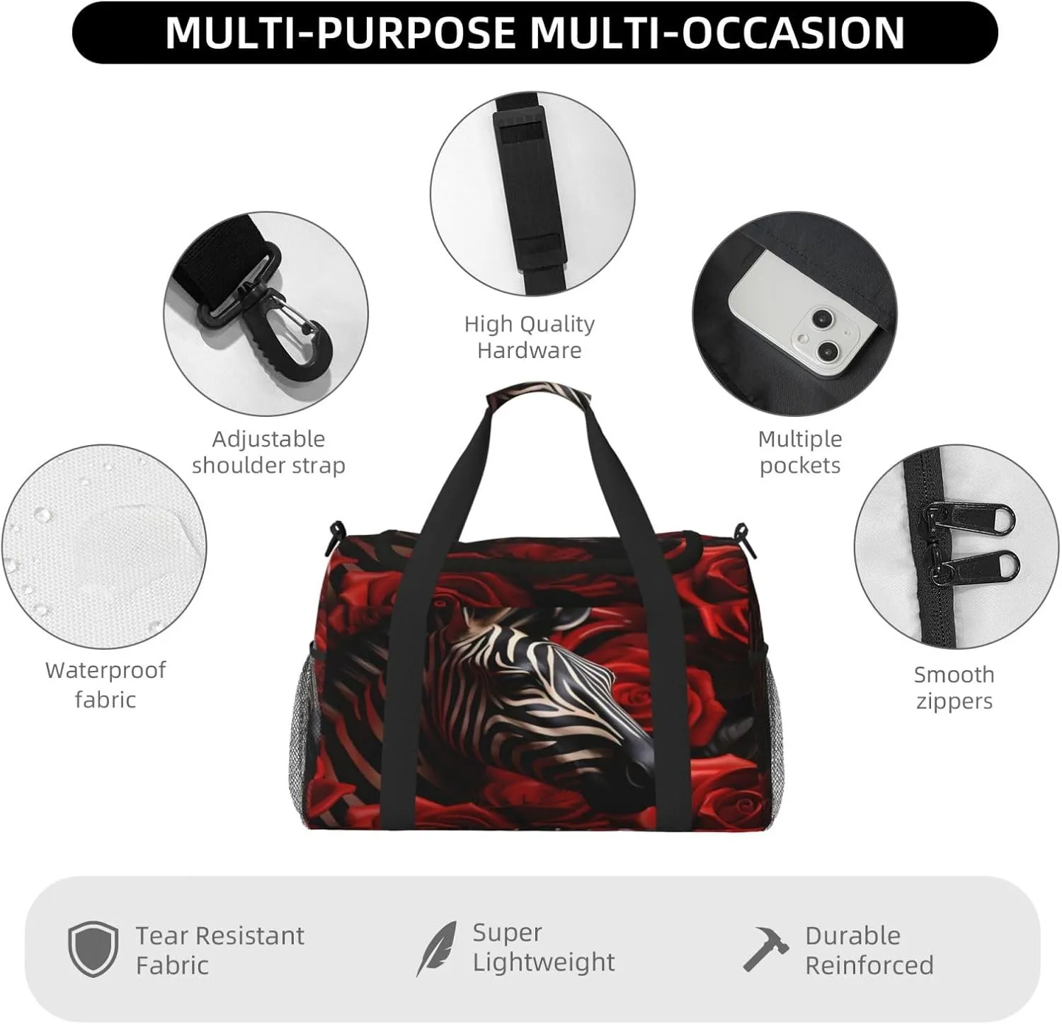 Travel Duffel Bag For Men Women, Cool Zebra Rose Flowers Carry On Sport Gym Bag With Shoulder Strap Lightweight Waterproof Weekender Bag Overnight Bag