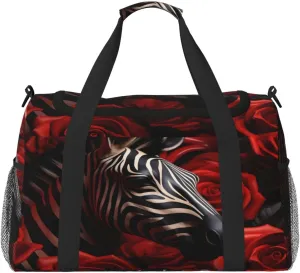 Travel Duffel Bag For Men Women, Cool Zebra Rose Flowers Carry On Sport Gym Bag With Shoulder Strap Lightweight Waterproof Weekender Bag Overnight Bag