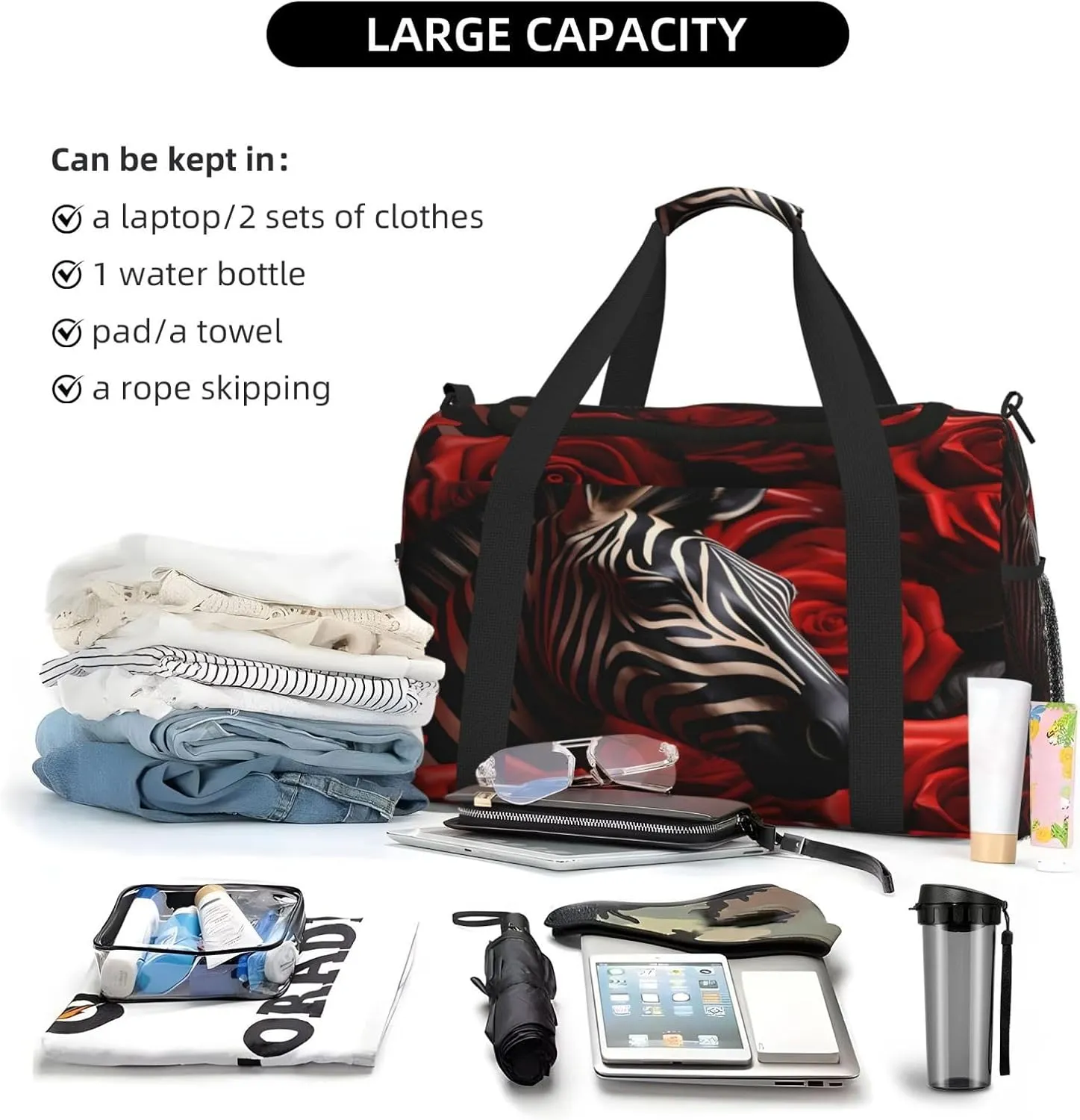 Travel Duffel Bag For Men Women, Cool Zebra Rose Flowers Carry On Sport Gym Bag With Shoulder Strap Lightweight Waterproof Weekender Bag Overnight Bag