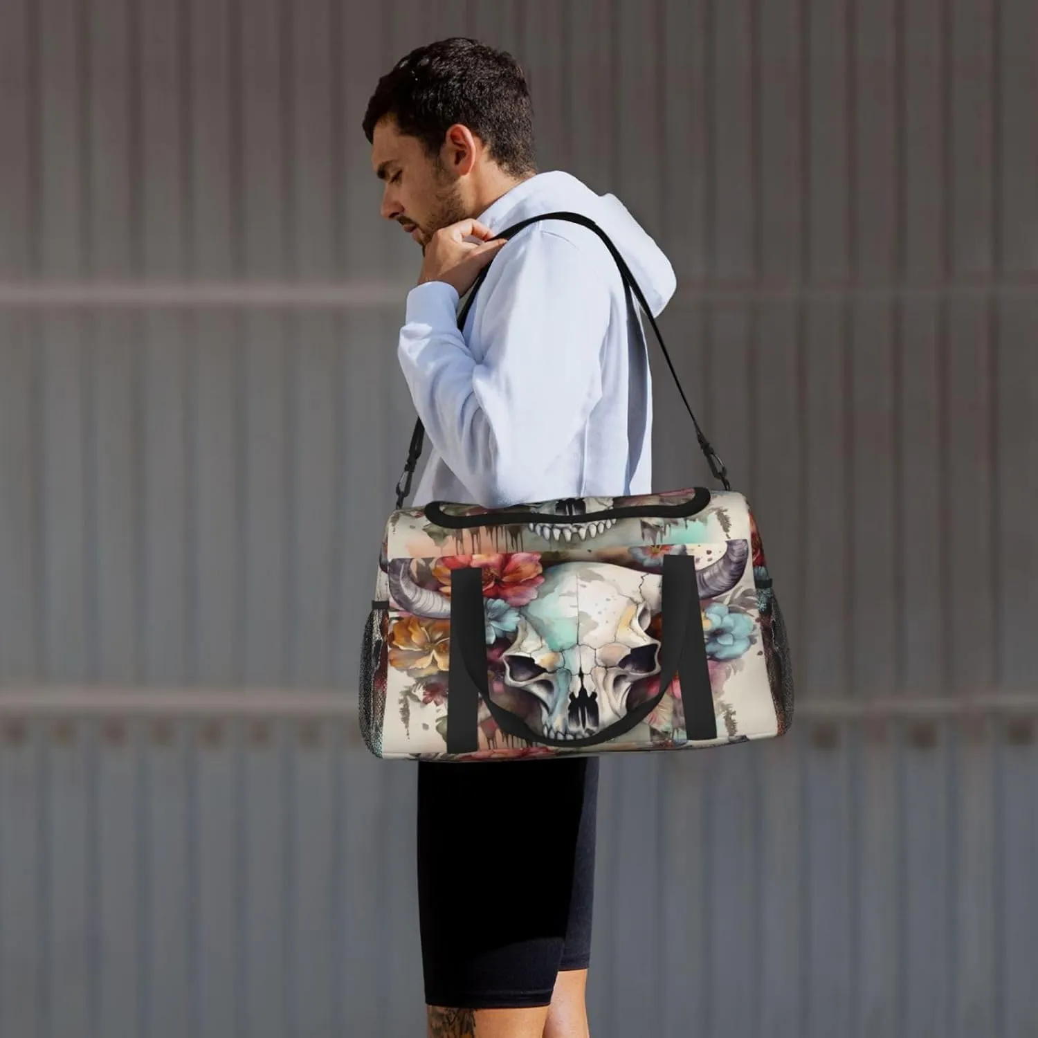 Travel Duffel Bag For Men Women, Cow Head Skull Floral Art Carry On Sport Gym Bag With Shoulder Strap Lightweight Waterproof Weekender Bag Overnight Bag