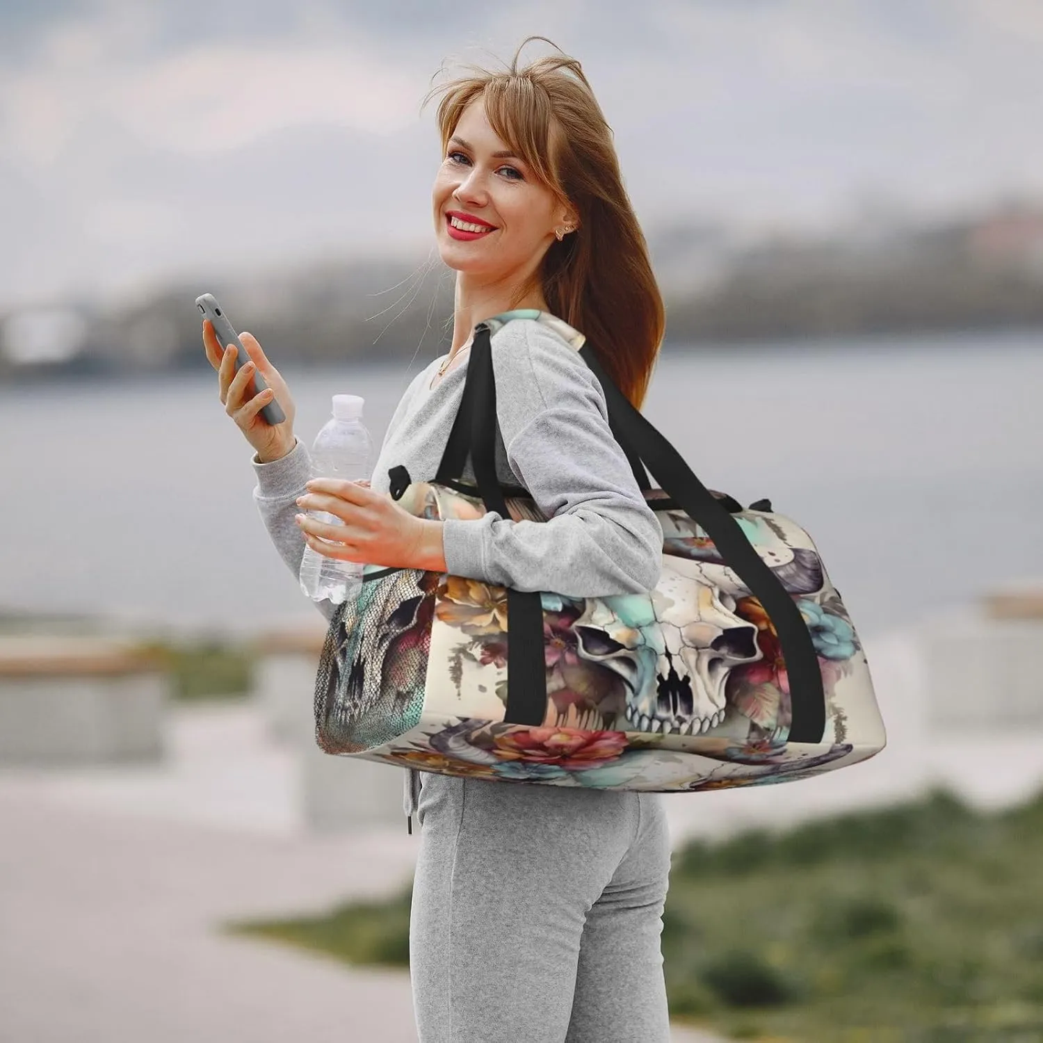 Travel Duffel Bag For Men Women, Cow Head Skull Floral Art Carry On Sport Gym Bag With Shoulder Strap Lightweight Waterproof Weekender Bag Overnight Bag