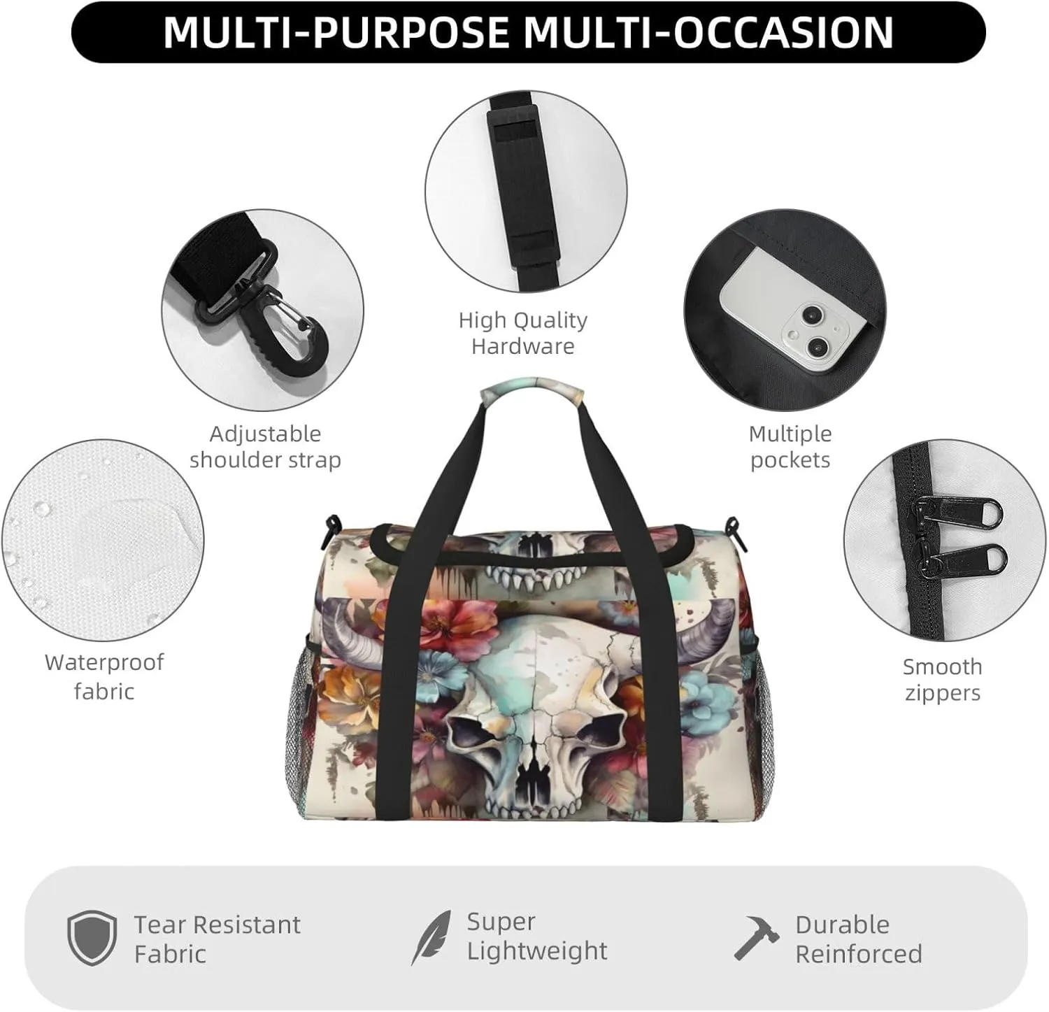 Travel Duffel Bag For Men Women, Cow Head Skull Floral Art Carry On Sport Gym Bag With Shoulder Strap Lightweight Waterproof Weekender Bag Overnight Bag