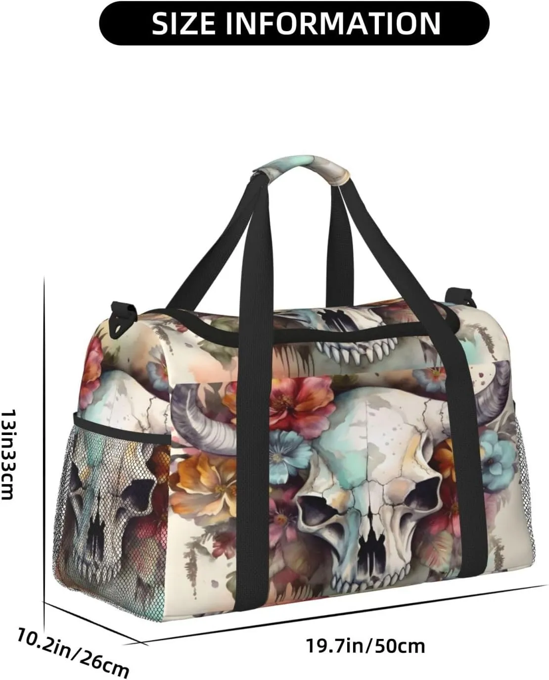 Travel Duffel Bag For Men Women, Cow Head Skull Floral Art Carry On Sport Gym Bag With Shoulder Strap Lightweight Waterproof Weekender Bag Overnight Bag