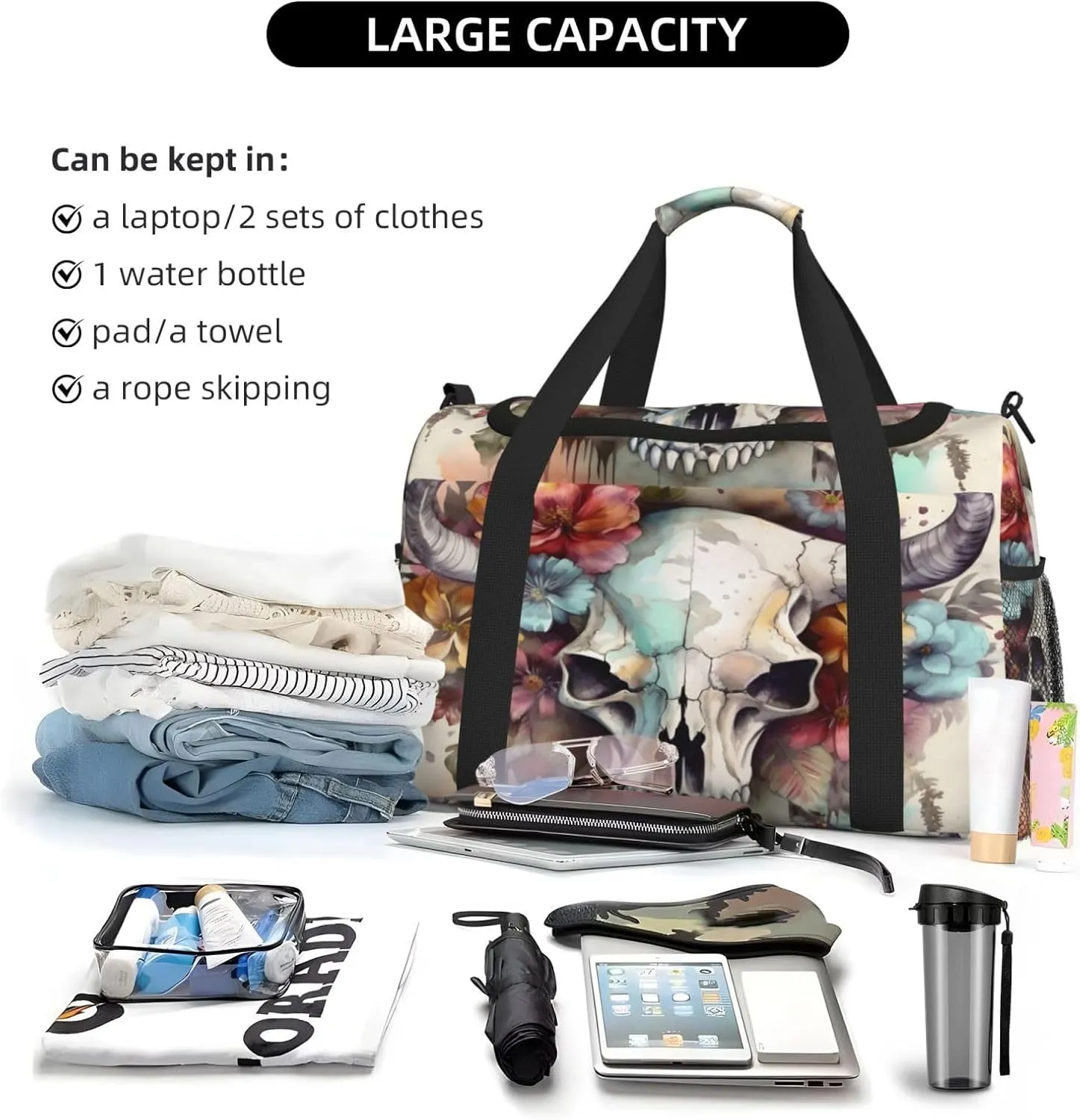 Travel Duffel Bag For Men Women, Cow Head Skull Floral Art Carry On Sport Gym Bag With Shoulder Strap Lightweight Waterproof Weekender Bag Overnight Bag