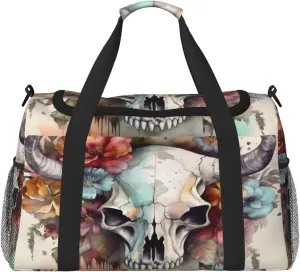 Travel Duffel Bag For Men Women, Cow Head Skull Floral Art Carry On Sport Gym Bag With Shoulder Strap Lightweight Waterproof Weekender Bag Overnight Bag