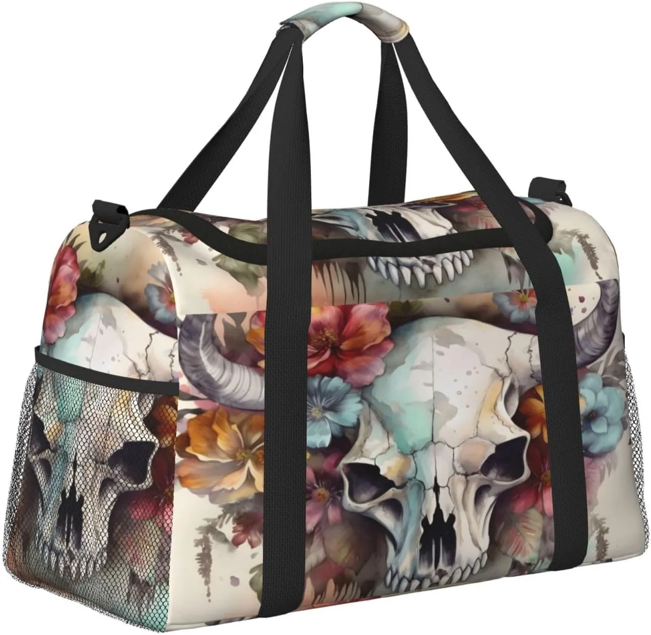 Travel Duffel Bag For Men Women, Cow Head Skull Floral Art Carry On Sport Gym Bag With Shoulder Strap Lightweight Waterproof Weekender Bag Overnight Bag