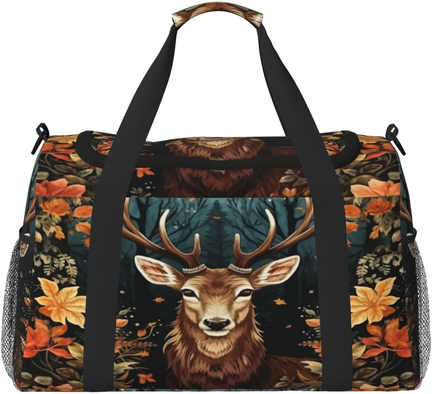 Travel Duffel Bag For Men Women, Cute Deer Fall Leaves Art Painting Carry On Sport Gym Bag With Shoulder Strap Lightweight Waterproof Weekender Bag Overnight Bag