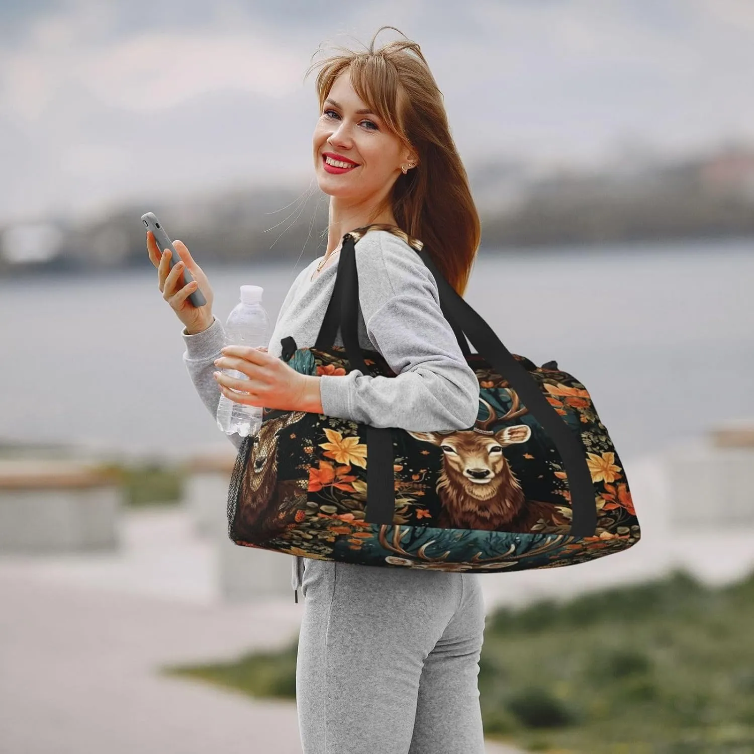 Travel Duffel Bag For Men Women, Cute Deer Fall Leaves Art Painting Carry On Sport Gym Bag With Shoulder Strap Lightweight Waterproof Weekender Bag Overnight Bag