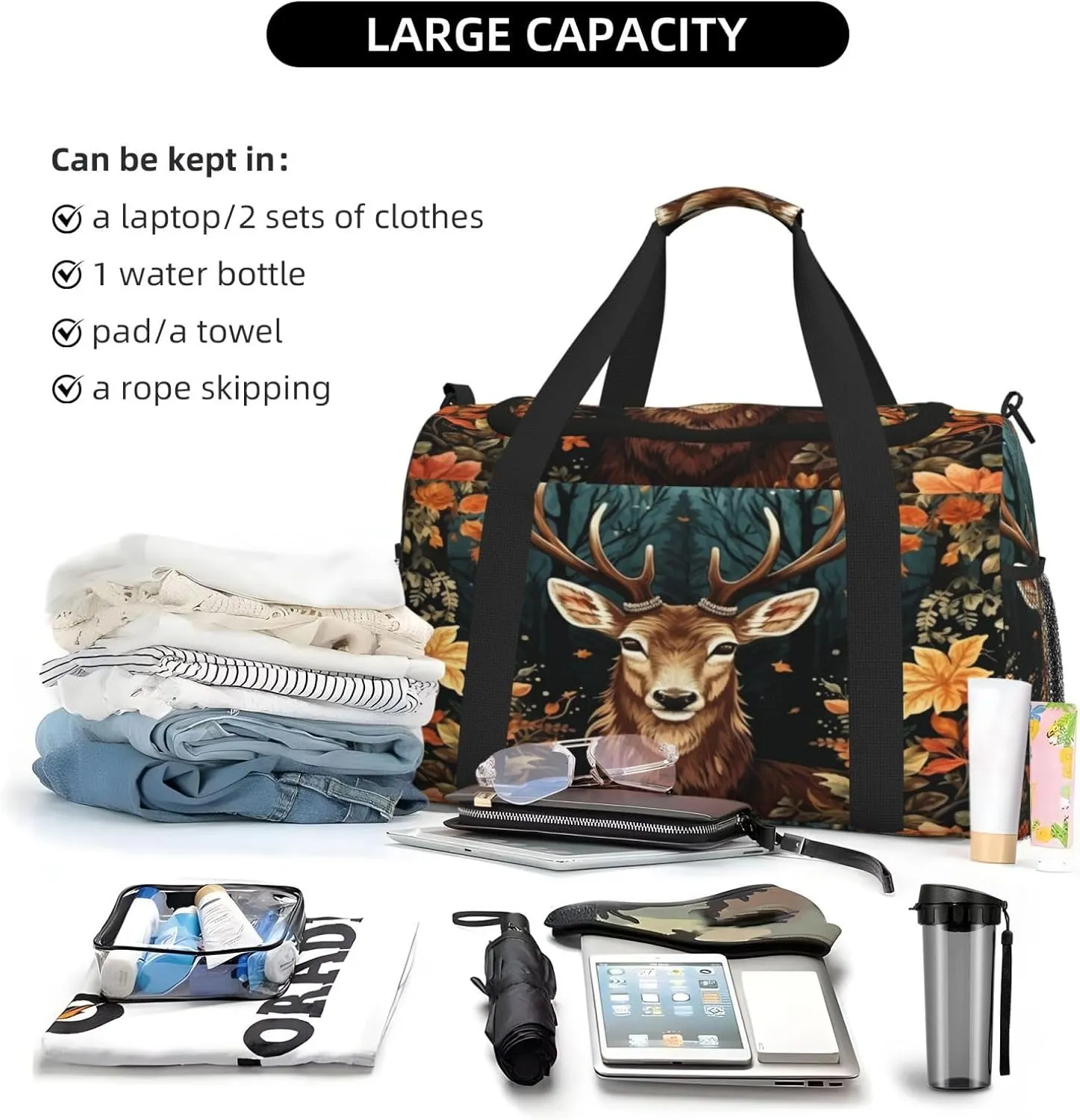 Travel Duffel Bag For Men Women, Cute Deer Fall Leaves Art Painting Carry On Sport Gym Bag With Shoulder Strap Lightweight Waterproof Weekender Bag Overnight Bag