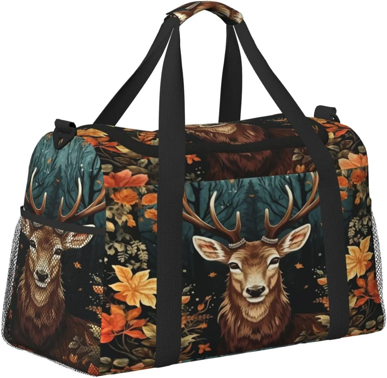 Travel Duffel Bag For Men Women, Cute Deer Fall Leaves Art Painting Carry On Sport Gym Bag With Shoulder Strap Lightweight Waterproof Weekender Bag Overnight Bag