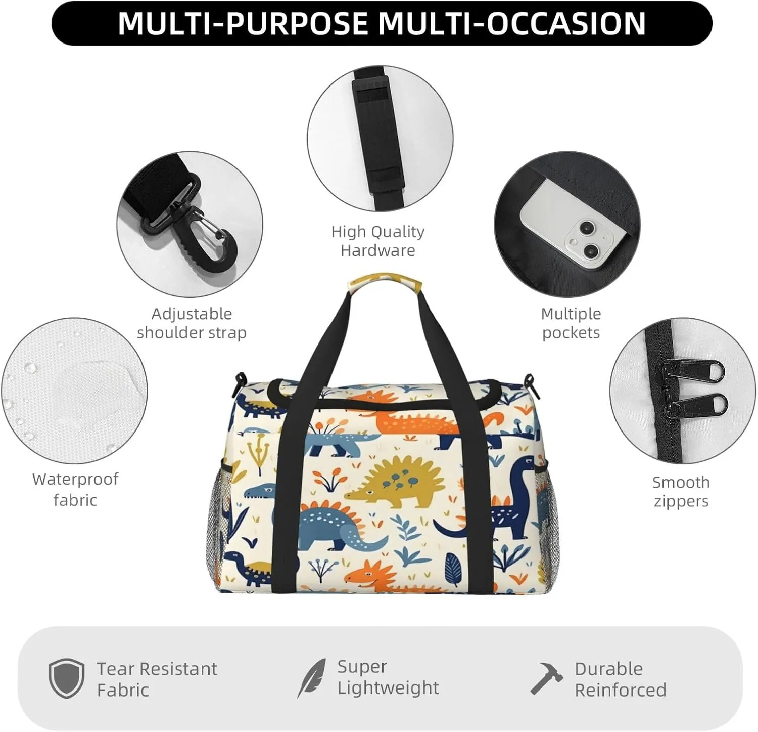 Travel Duffel Bag For Men Women, Cute Dinosaurs Pattern Carry On Sport Gym Bag With Shoulder Strap Lightweight Waterproof Weekender Bag Overnight Bag