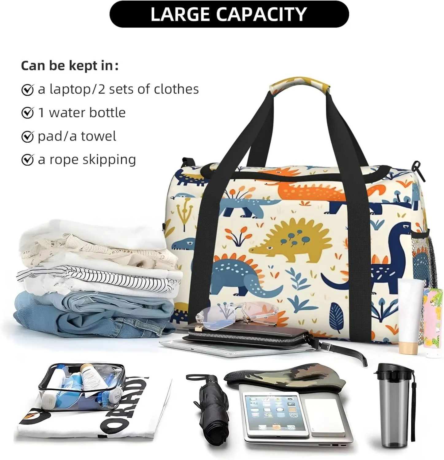 Travel Duffel Bag For Men Women, Cute Dinosaurs Pattern Carry On Sport Gym Bag With Shoulder Strap Lightweight Waterproof Weekender Bag Overnight Bag