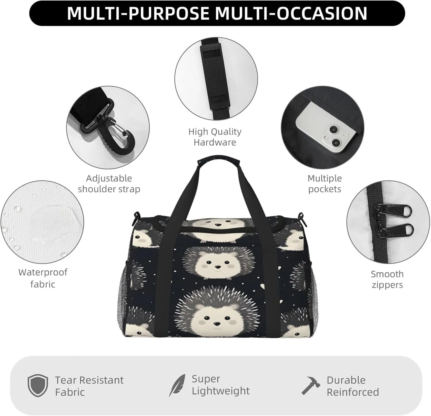 Travel Duffel Bag For Men Women, Cute Hedgehog Pattern Carry On Sport Gym Bag With Shoulder Strap Lightweight Waterproof Weekender Bag Overnight Bag