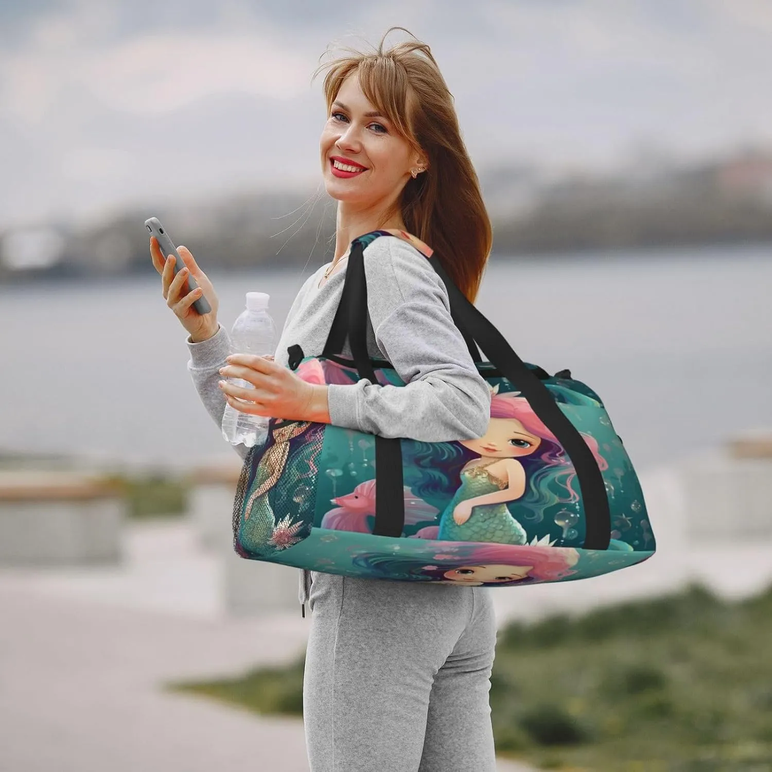 Travel Duffel Bag For Men Women, Cute Mermaid Seahorse Animal Carry On Sport Gym Bag With Shoulder Strap Lightweight Waterproof Weekender Bag Overnight Bag