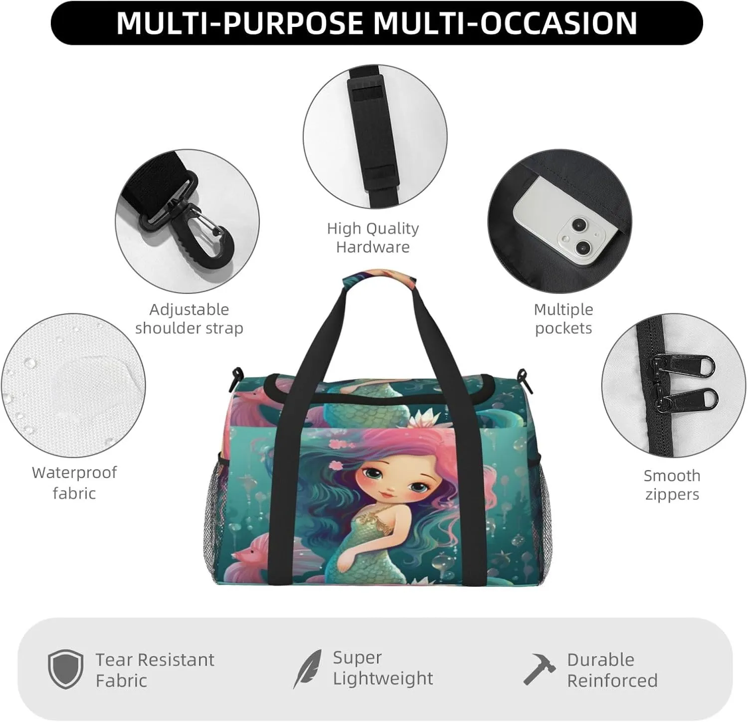 Travel Duffel Bag For Men Women, Cute Mermaid Seahorse Animal Carry On Sport Gym Bag With Shoulder Strap Lightweight Waterproof Weekender Bag Overnight Bag