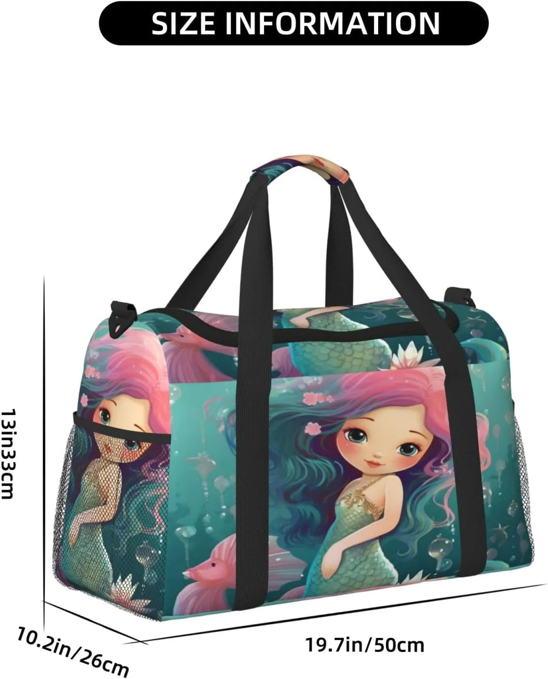 Travel Duffel Bag For Men Women, Cute Mermaid Seahorse Animal Carry On Sport Gym Bag With Shoulder Strap Lightweight Waterproof Weekender Bag Overnight Bag
