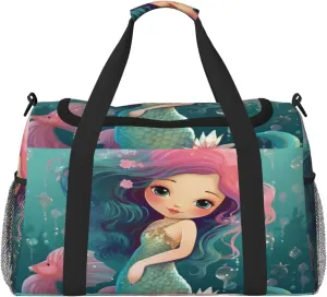 Travel Duffel Bag For Men Women, Cute Mermaid Seahorse Animal Carry On Sport Gym Bag With Shoulder Strap Lightweight Waterproof Weekender Bag Overnight Bag