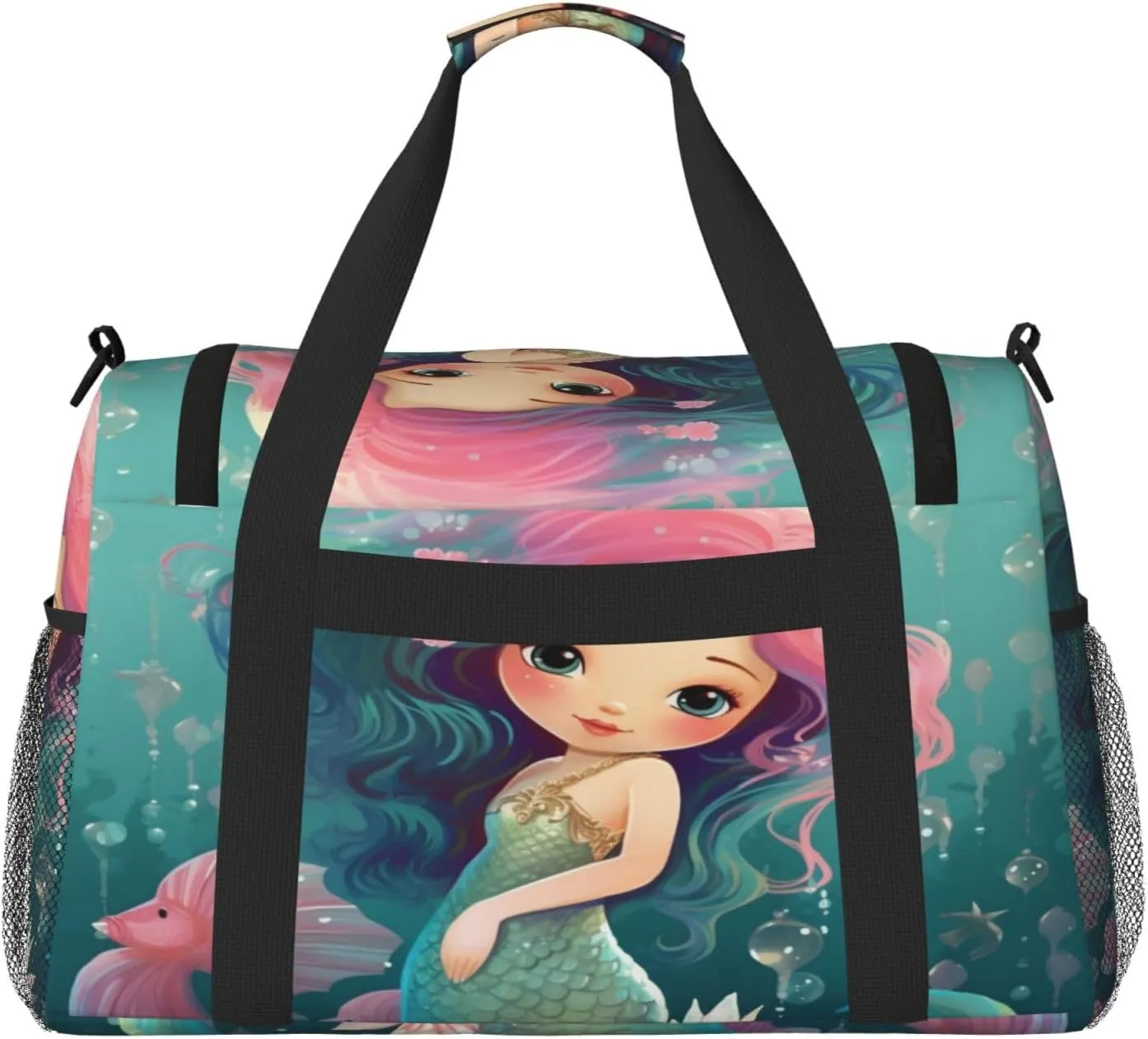 Travel Duffel Bag For Men Women, Cute Mermaid Seahorse Animal Carry On Sport Gym Bag With Shoulder Strap Lightweight Waterproof Weekender Bag Overnight Bag