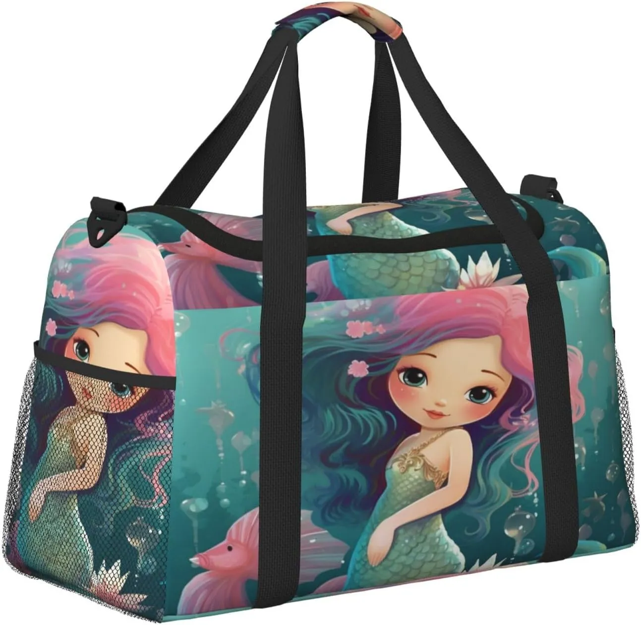 Travel Duffel Bag For Men Women, Cute Mermaid Seahorse Animal Carry On Sport Gym Bag With Shoulder Strap Lightweight Waterproof Weekender Bag Overnight Bag