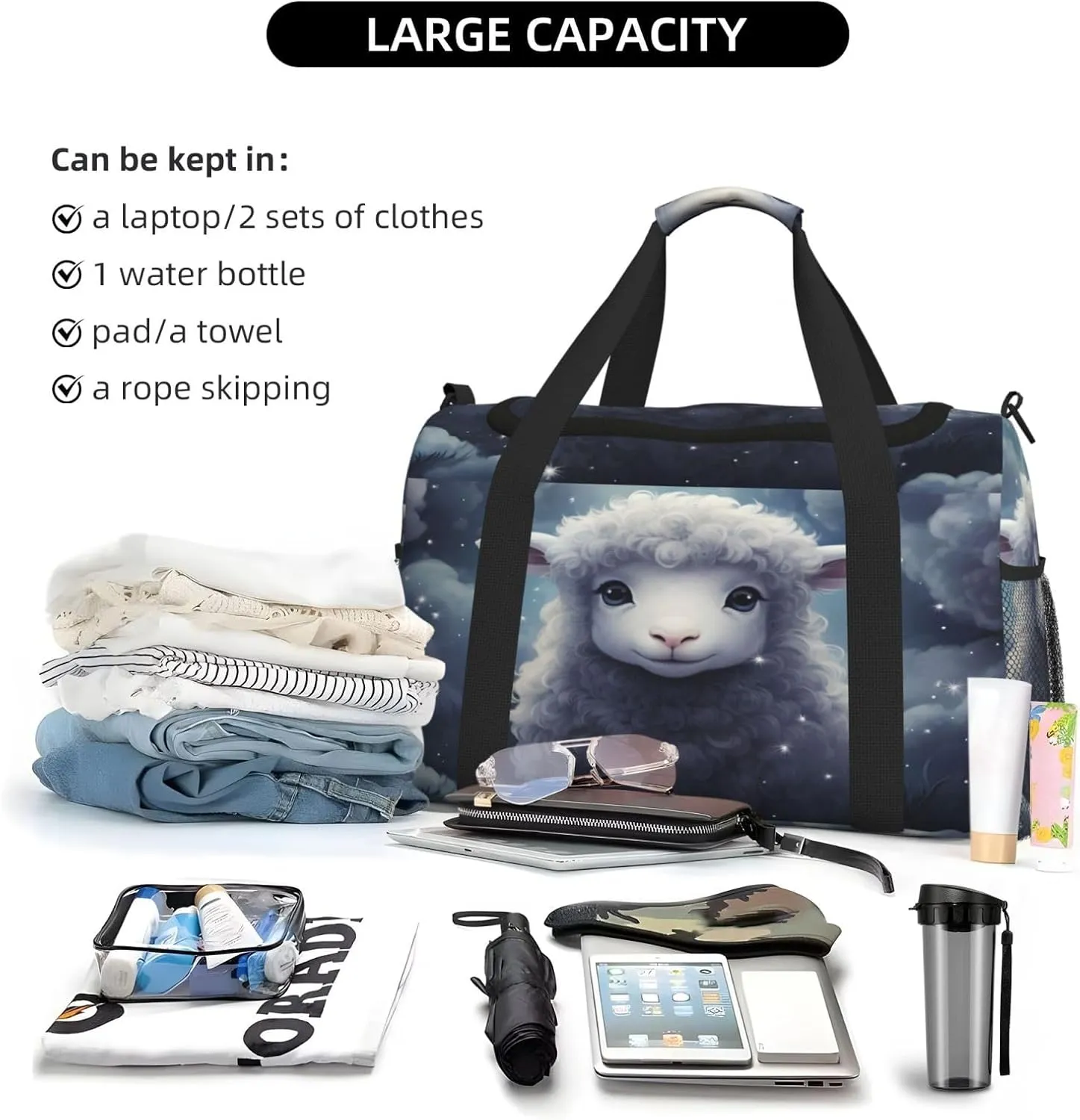 Travel Duffel Bag For Men Women, Cute Sheep Animal Carry On Sport Gym Bag With Shoulder Strap Lightweight Waterproof Weekender Bag Overnight Bag