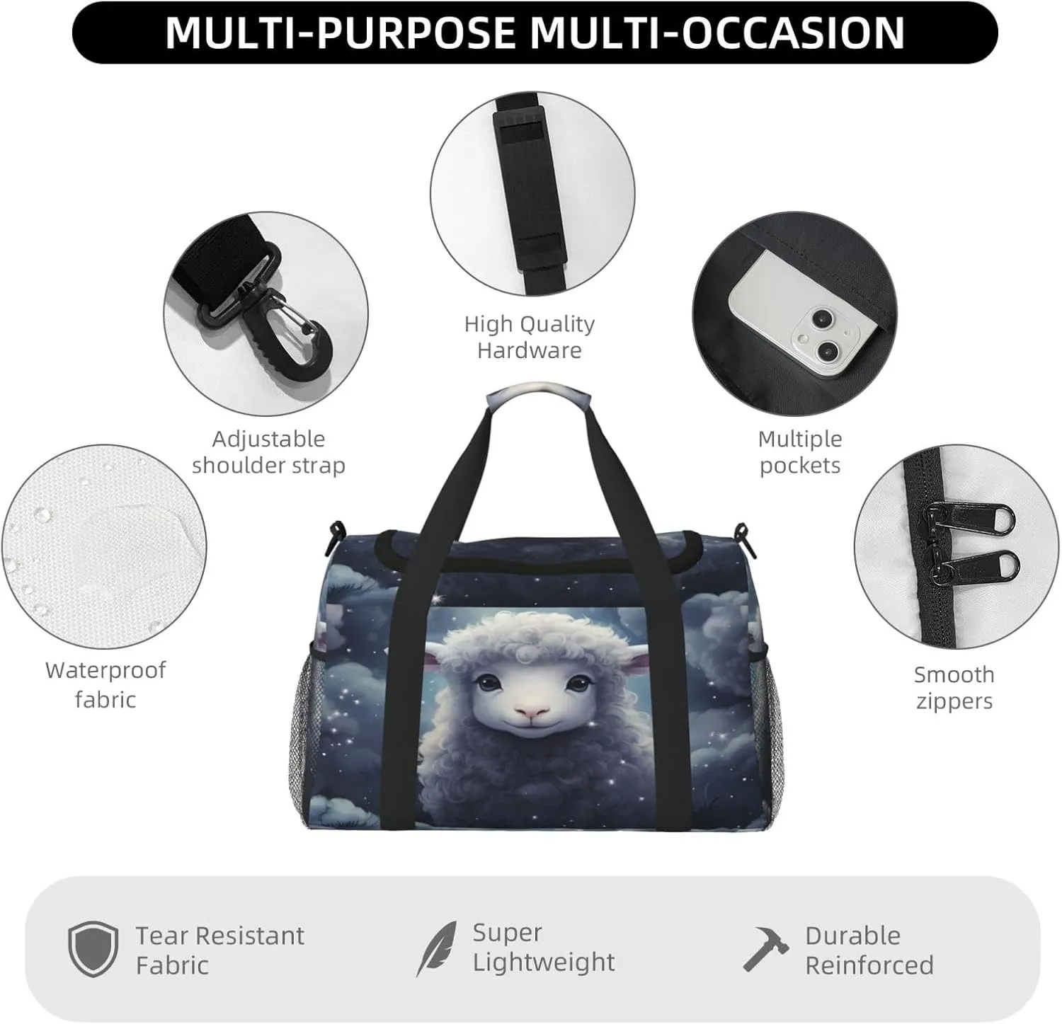 Travel Duffel Bag For Men Women, Cute Sheep Animal Carry On Sport Gym Bag With Shoulder Strap Lightweight Waterproof Weekender Bag Overnight Bag