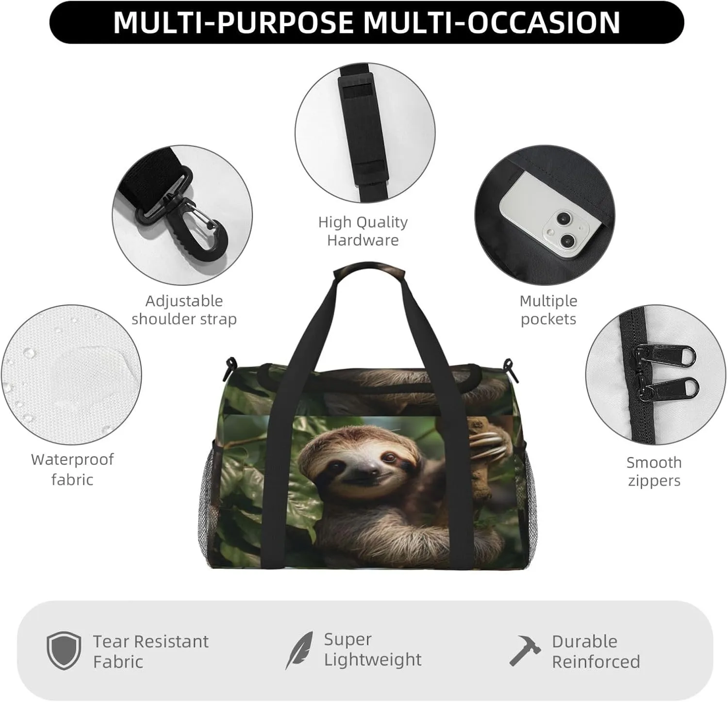 Travel Duffel Bag For Men Women, Cute Wildlife Sloth Carry On Sport Gym Bag With Shoulder Strap Lightweight Waterproof Weekender Bag Overnight Bag