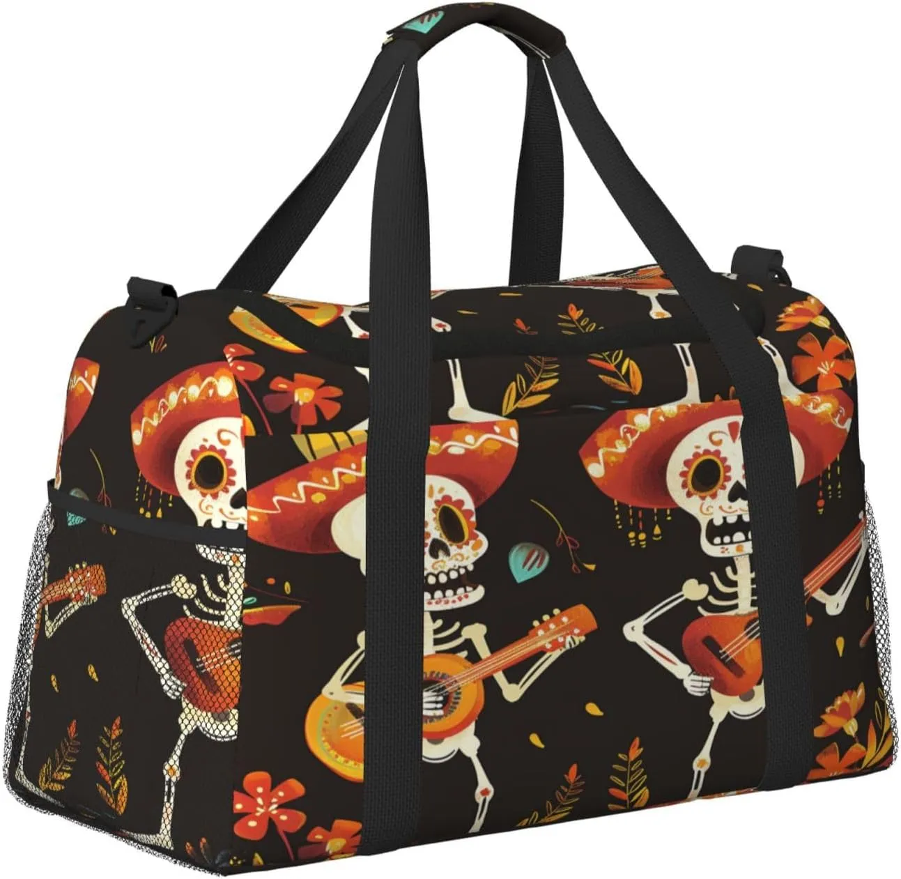 Travel Duffel Bag For Men Women, Day Of The Dead Sugar Skull Musician Carry On Sport Gym Bag With Shoulder Strap Lightweight Waterproof Weekender Bag Overnight Bag