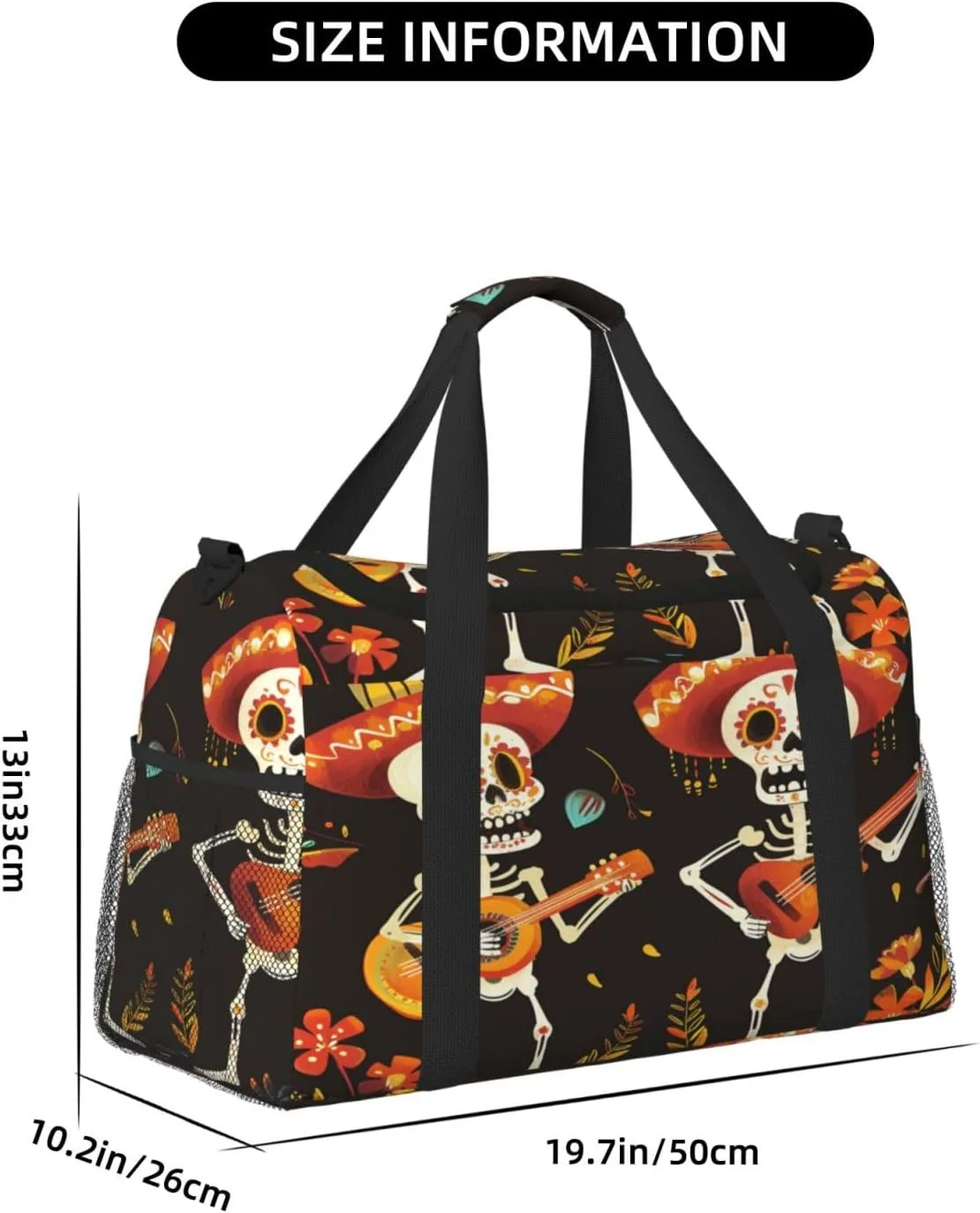 Travel Duffel Bag For Men Women, Day Of The Dead Sugar Skull Musician Carry On Sport Gym Bag With Shoulder Strap Lightweight Waterproof Weekender Bag Overnight Bag