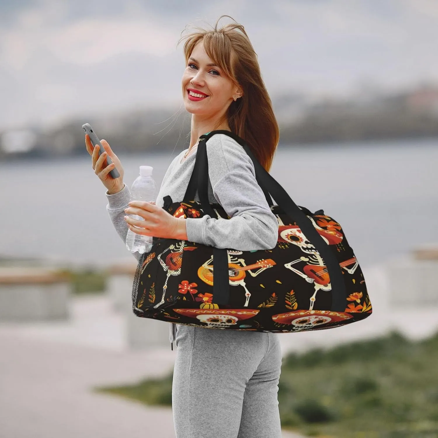 Travel Duffel Bag For Men Women, Day Of The Dead Sugar Skull Musician Carry On Sport Gym Bag With Shoulder Strap Lightweight Waterproof Weekender Bag Overnight Bag