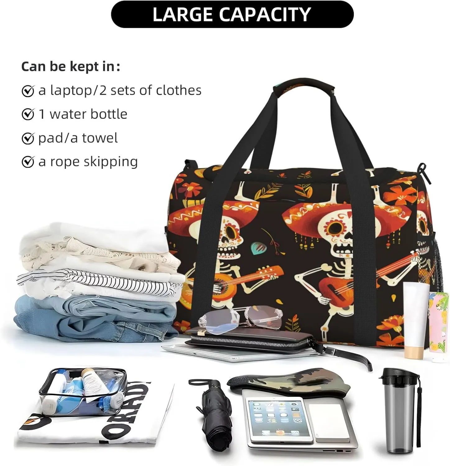 Travel Duffel Bag For Men Women, Day Of The Dead Sugar Skull Musician Carry On Sport Gym Bag With Shoulder Strap Lightweight Waterproof Weekender Bag Overnight Bag