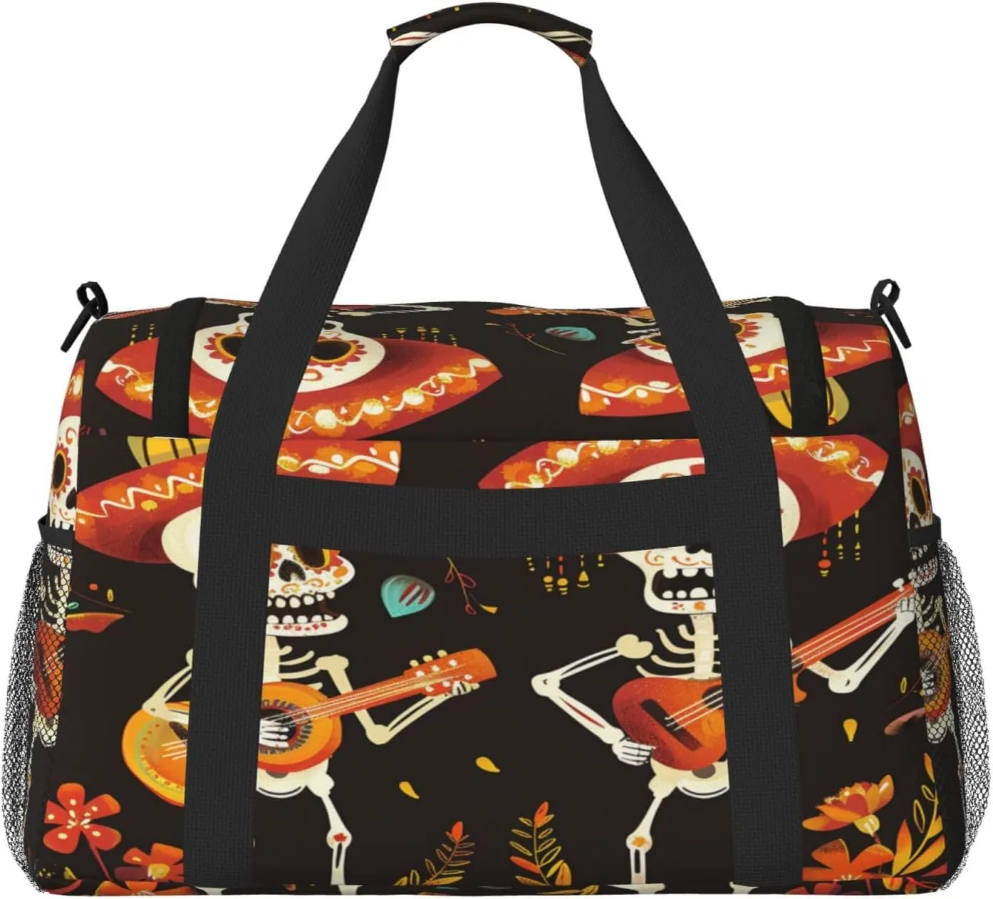 Travel Duffel Bag For Men Women, Day Of The Dead Sugar Skull Musician Carry On Sport Gym Bag With Shoulder Strap Lightweight Waterproof Weekender Bag Overnight Bag