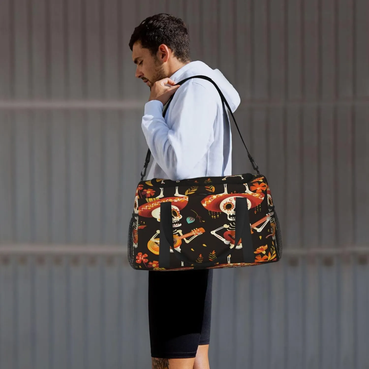 Travel Duffel Bag For Men Women, Day Of The Dead Sugar Skull Musician Carry On Sport Gym Bag With Shoulder Strap Lightweight Waterproof Weekender Bag Overnight Bag
