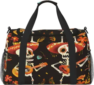 Travel Duffel Bag For Men Women, Day Of The Dead Sugar Skull Musician Carry On Sport Gym Bag With Shoulder Strap Lightweight Waterproof Weekender Bag Overnight Bag