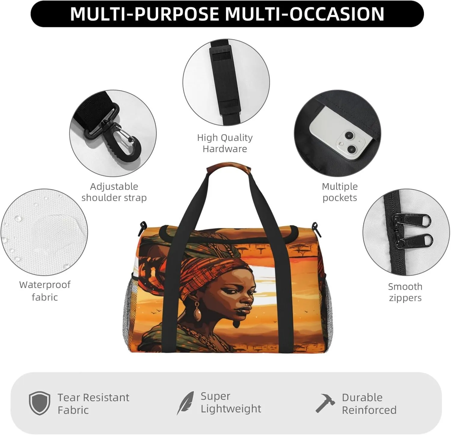 Travel Duffel Bag For Men Women, Ethnic African Woman Pattern Carry On Sport Gym Bag With Shoulder Strap Lightweight Waterproof Weekender Bag Overnight Bag