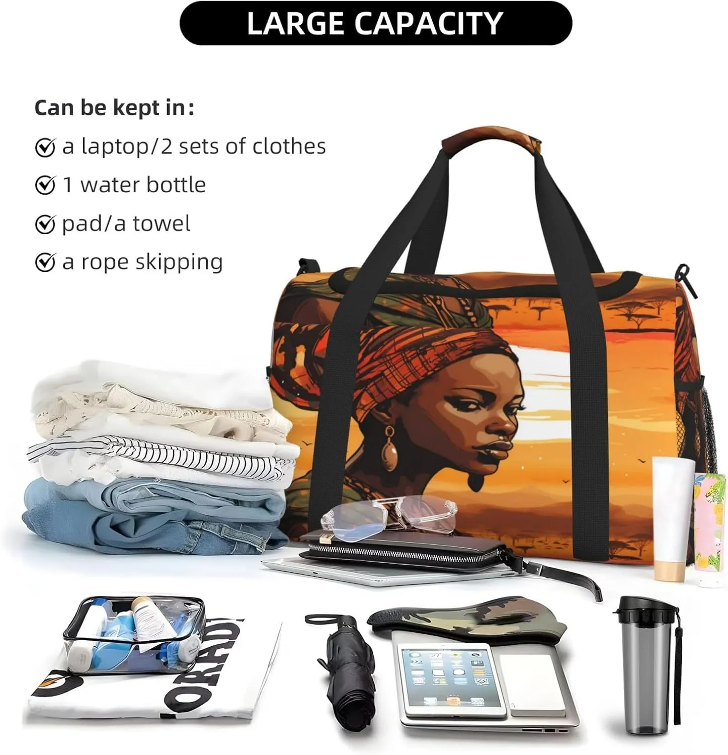 Travel Duffel Bag For Men Women, Ethnic African Woman Pattern Carry On Sport Gym Bag With Shoulder Strap Lightweight Waterproof Weekender Bag Overnight Bag