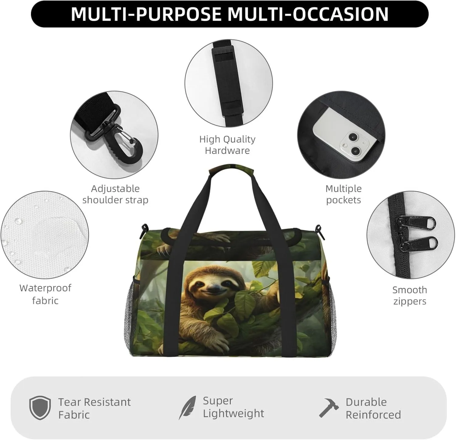 Travel Duffel Bag For Men Women, Forest Animal Sloth Carry On Sport Gym Bag With Shoulder Strap Lightweight Waterproof Weekender Bag Overnight Bag