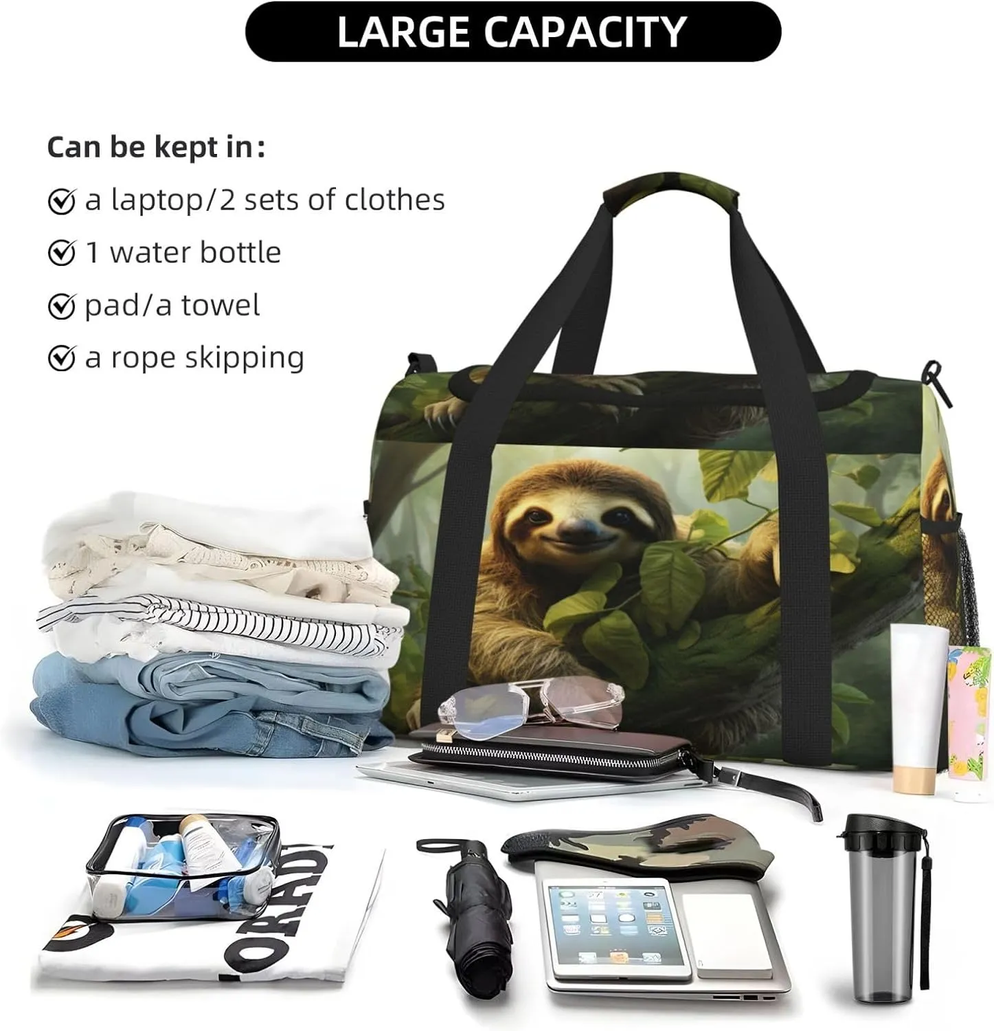 Travel Duffel Bag For Men Women, Forest Animal Sloth Carry On Sport Gym Bag With Shoulder Strap Lightweight Waterproof Weekender Bag Overnight Bag