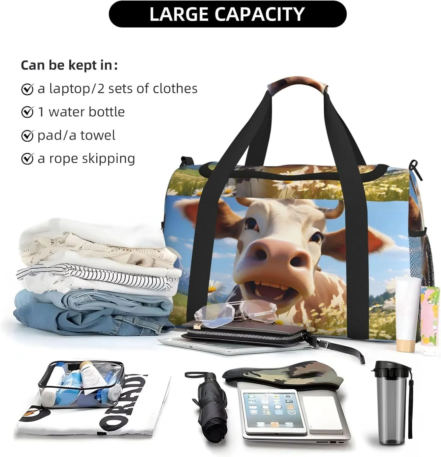 Travel Duffel Bag For Men Women, Funny Cow Animal Carry On Sport Gym Bag With Shoulder Strap Lightweight Waterproof Weekender Bag Overnight Bag