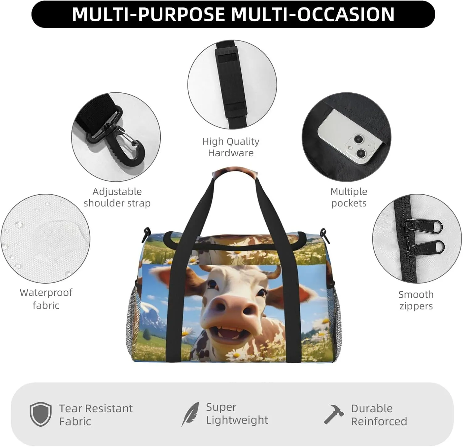 Travel Duffel Bag For Men Women, Funny Cow Animal Carry On Sport Gym Bag With Shoulder Strap Lightweight Waterproof Weekender Bag Overnight Bag