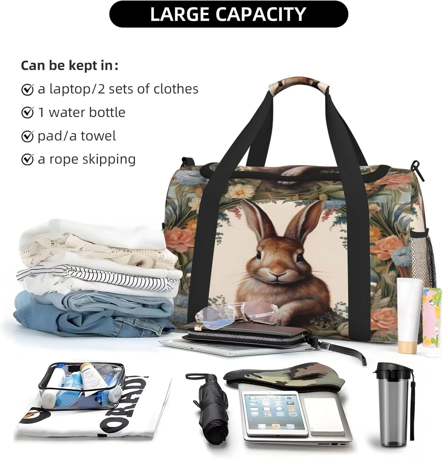 Travel Duffel Bag For Men Women, Garland Easter Rabbit Bunny Carry On Sport Gym Bag With Shoulder Strap Lightweight Waterproof Weekender Bag Overnight Bag