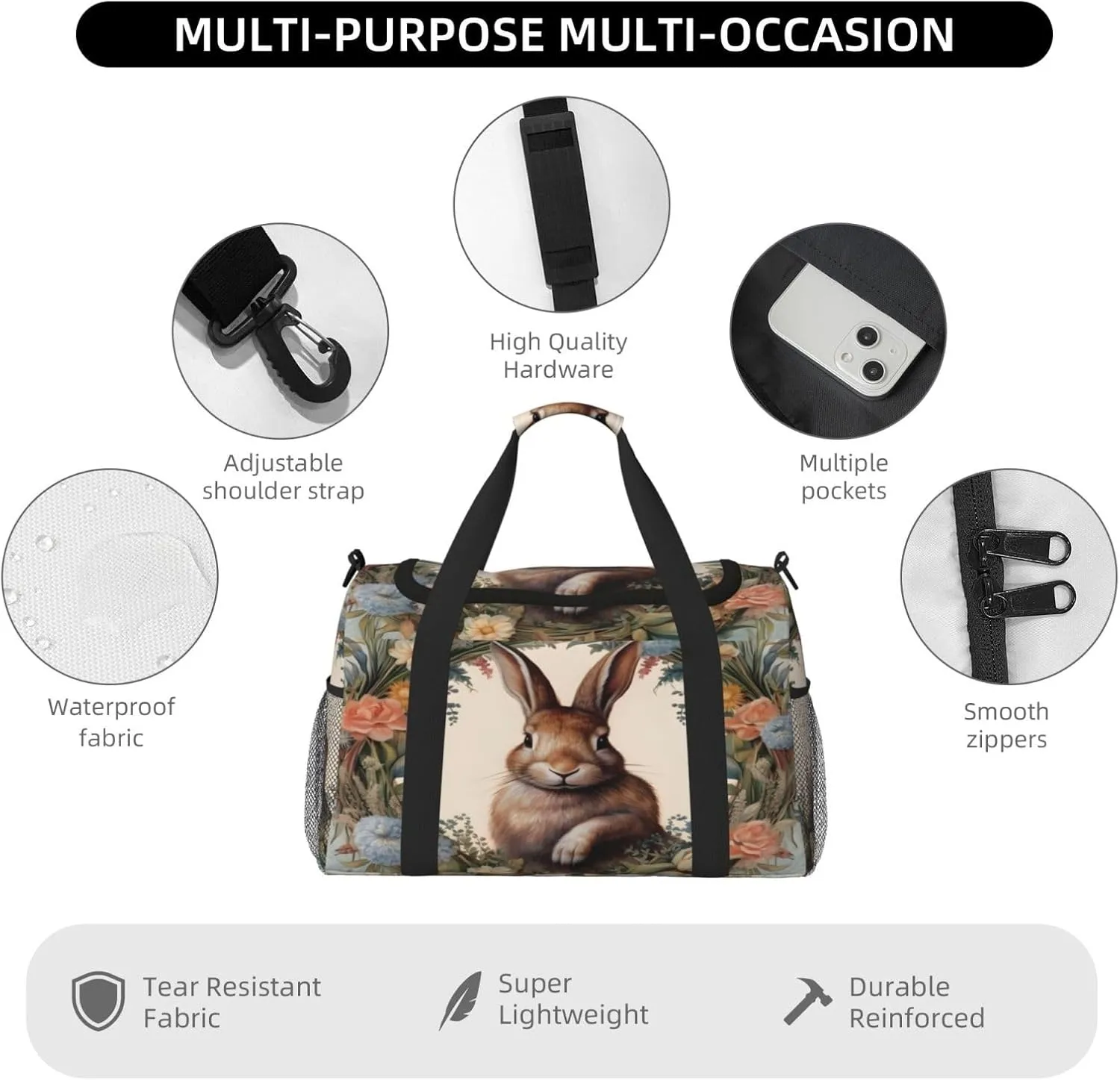Travel Duffel Bag For Men Women, Garland Easter Rabbit Bunny Carry On Sport Gym Bag With Shoulder Strap Lightweight Waterproof Weekender Bag Overnight Bag