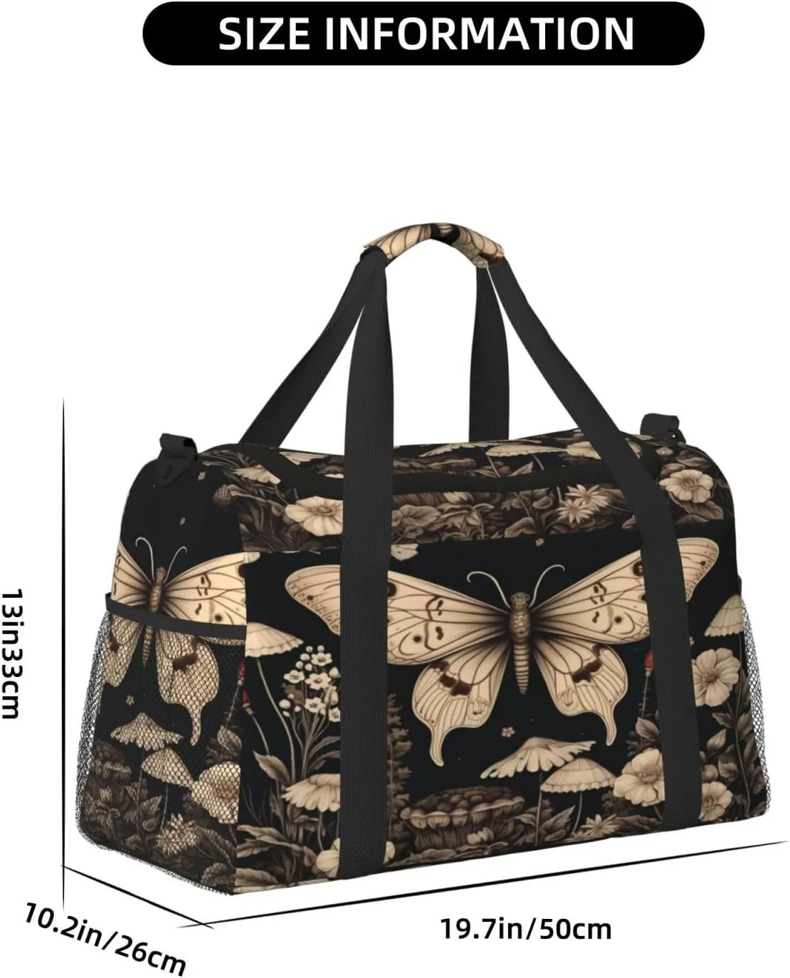 Travel Duffel Bag For Men Women, Gothic Floral Butterflies Aesthetic Retro Botanical Carry On Sport Gym Bag With Shoulder Strap Lightweight Waterproof Weekender Bag Overnight Bag