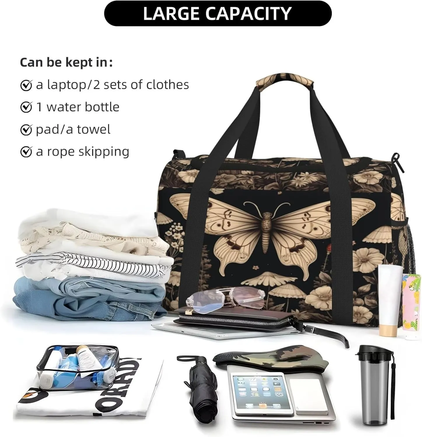 Travel Duffel Bag For Men Women, Gothic Floral Butterflies Aesthetic Retro Botanical Carry On Sport Gym Bag With Shoulder Strap Lightweight Waterproof Weekender Bag Overnight Bag