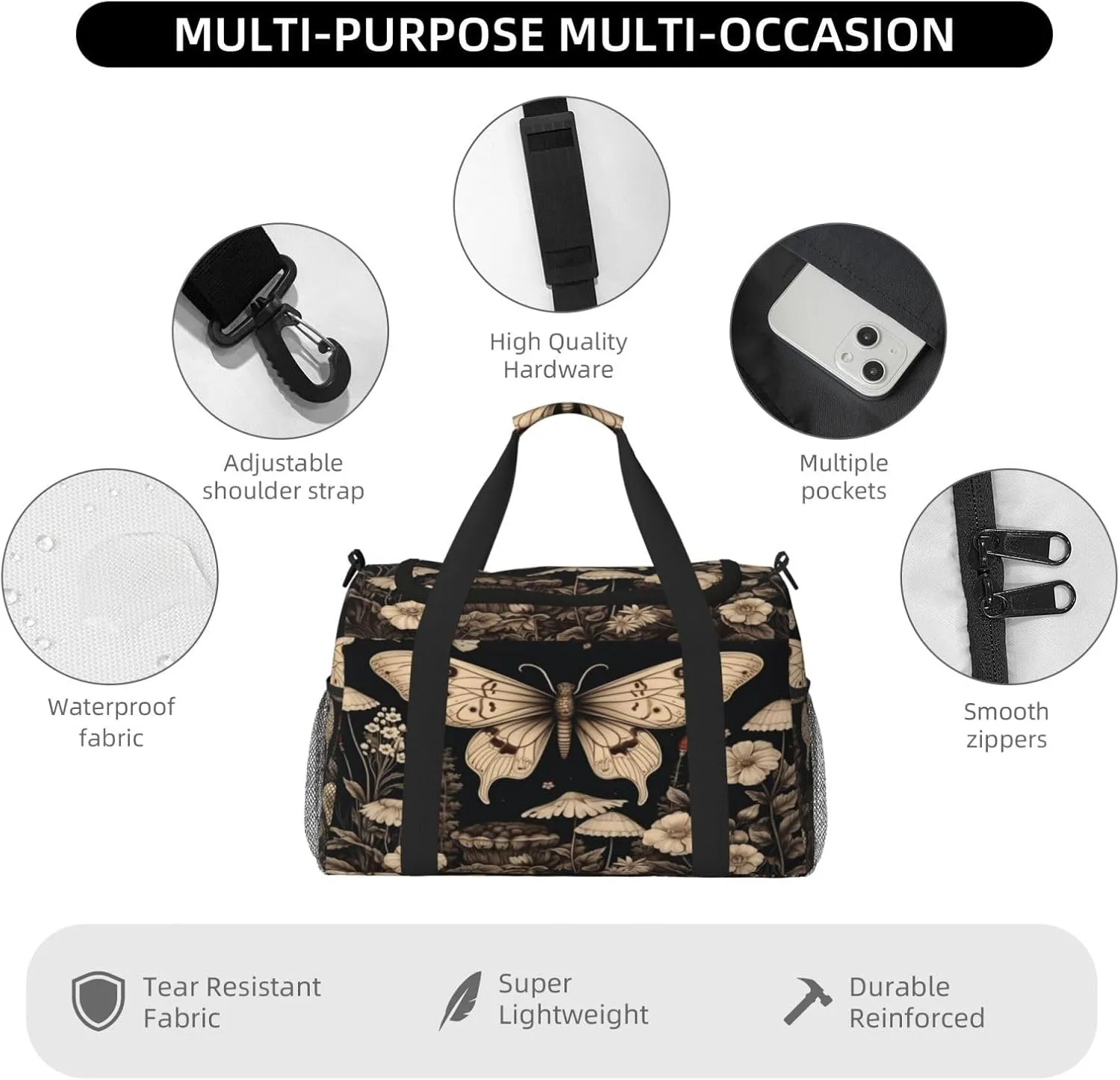 Travel Duffel Bag For Men Women, Gothic Floral Butterflies Aesthetic Retro Botanical Carry On Sport Gym Bag With Shoulder Strap Lightweight Waterproof Weekender Bag Overnight Bag