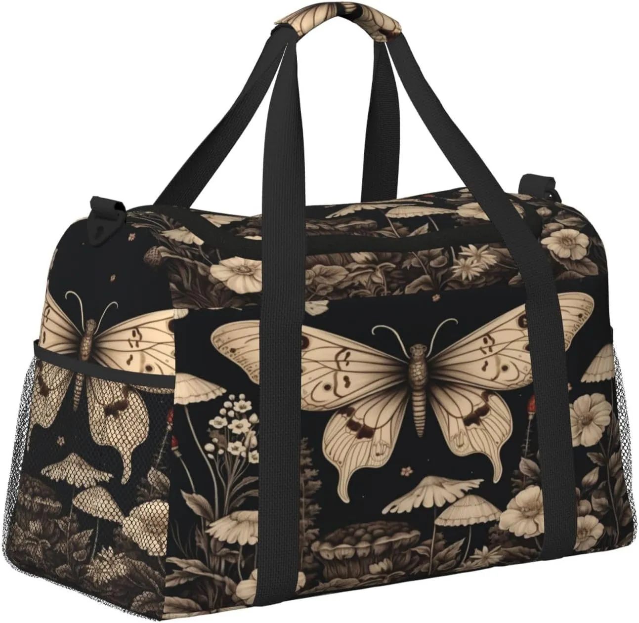 Travel Duffel Bag For Men Women, Gothic Floral Butterflies Aesthetic Retro Botanical Carry On Sport Gym Bag With Shoulder Strap Lightweight Waterproof Weekender Bag Overnight Bag